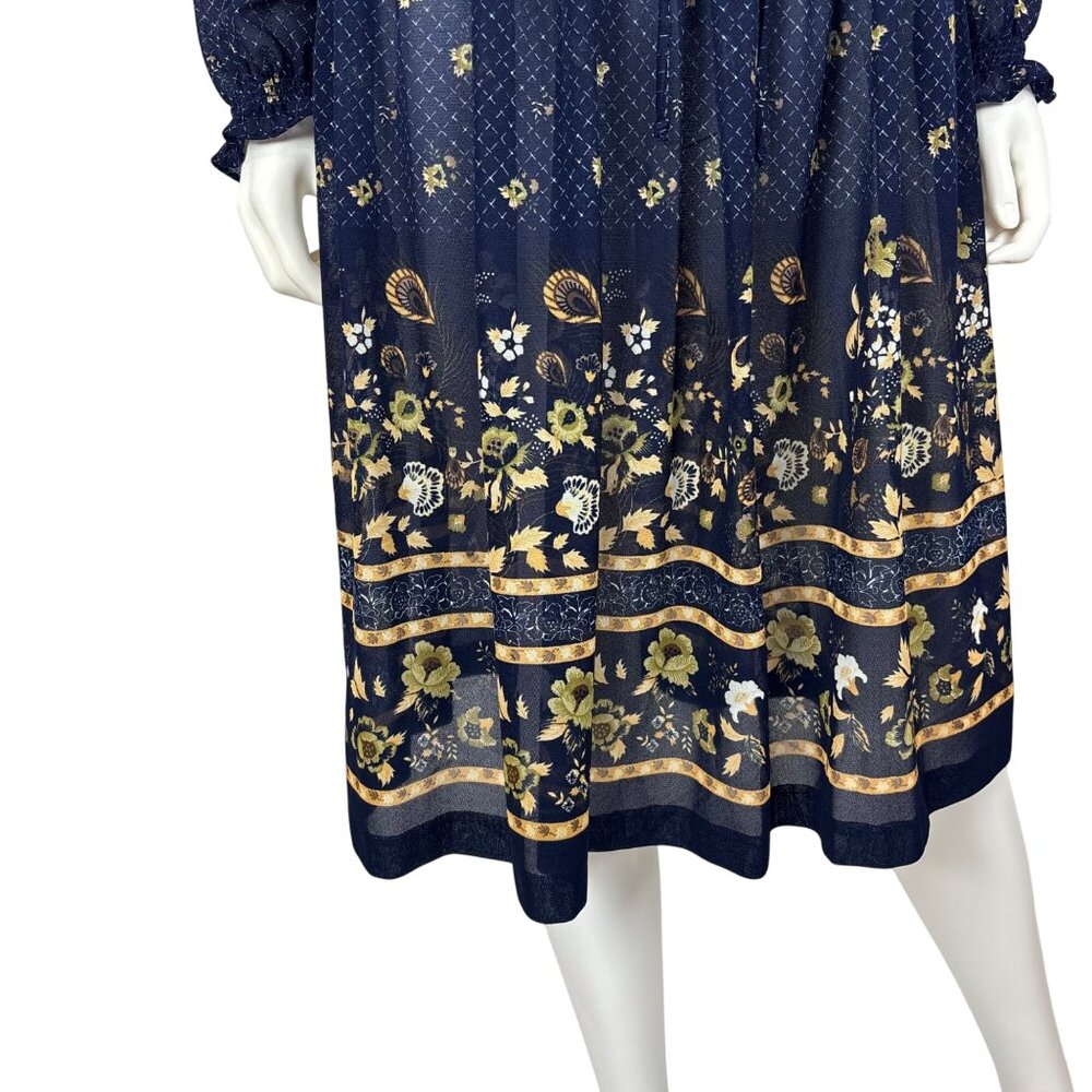 Vintage 80s Sheer Dress Womens M Navy Blue Peacock Floral Border Print - Picture 6 of 11